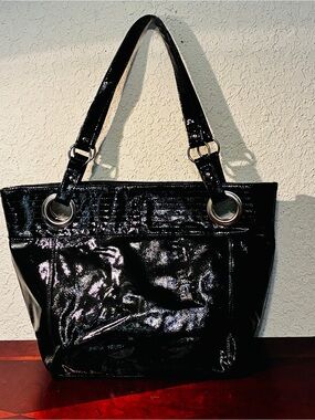 Large Black Non-Leather Shoulder Tote Bag with Silver Ring Hardware